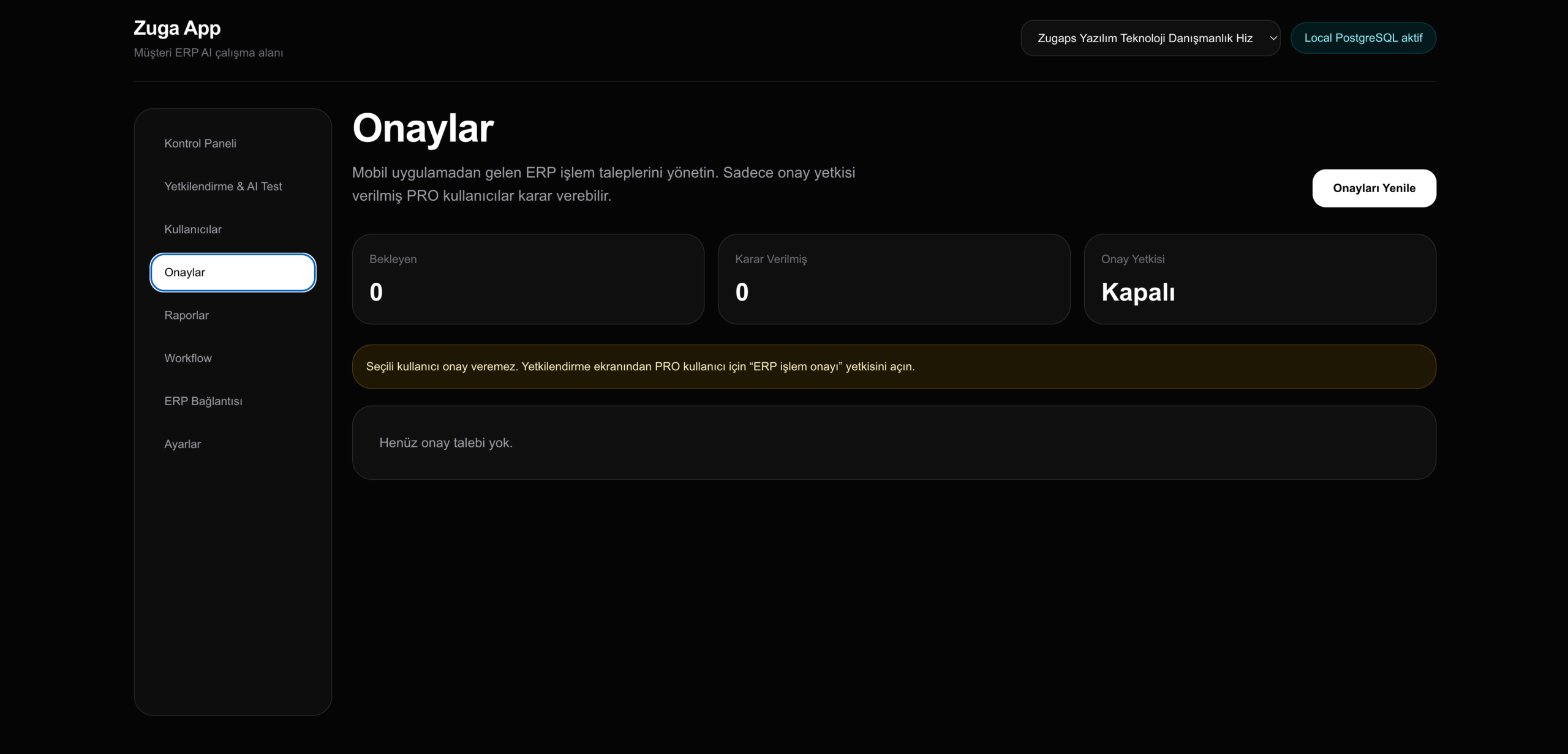 ERP onay yönetim sistemi ve workflow ekranı - Zuga