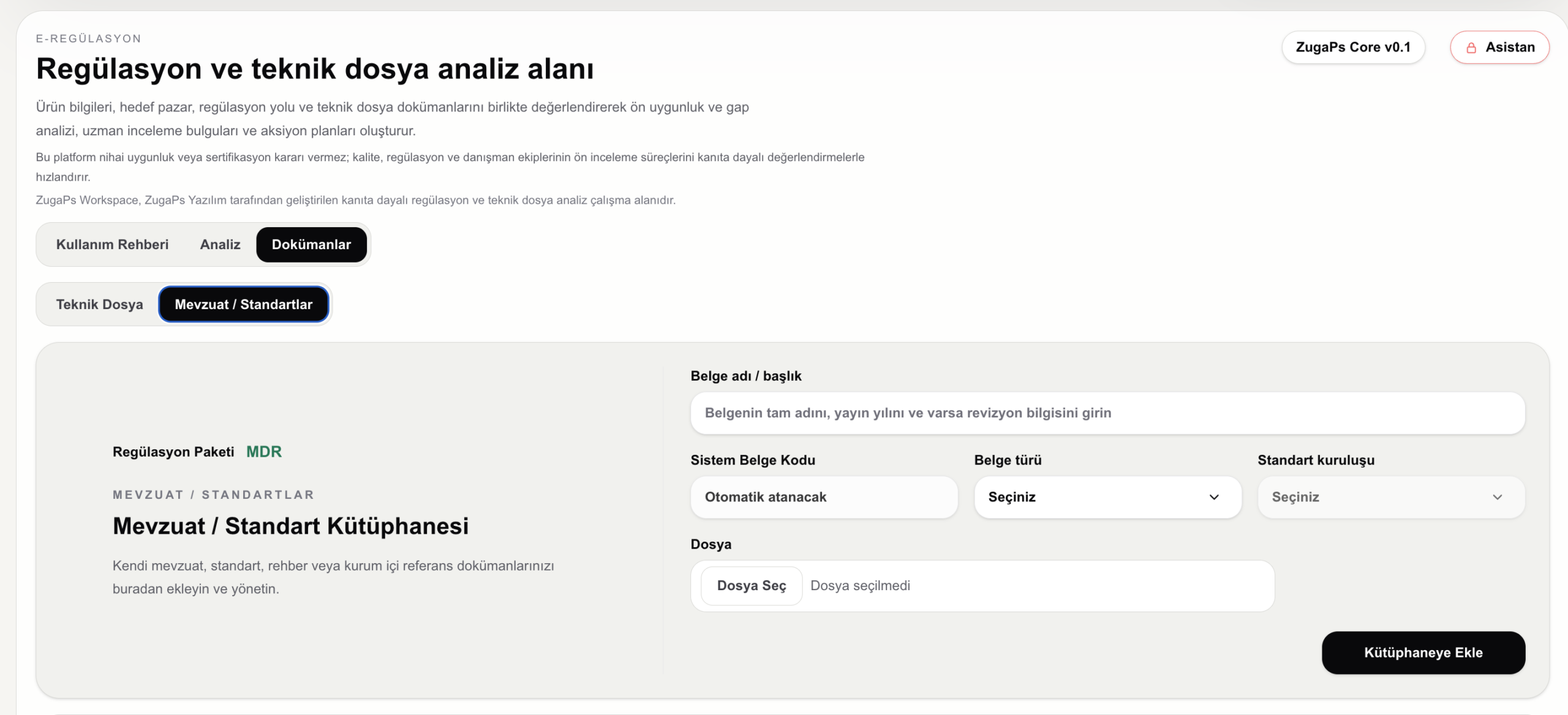 ZugaPs Medical Canvas mevzuat ve standart kütüphanesi ekranı
